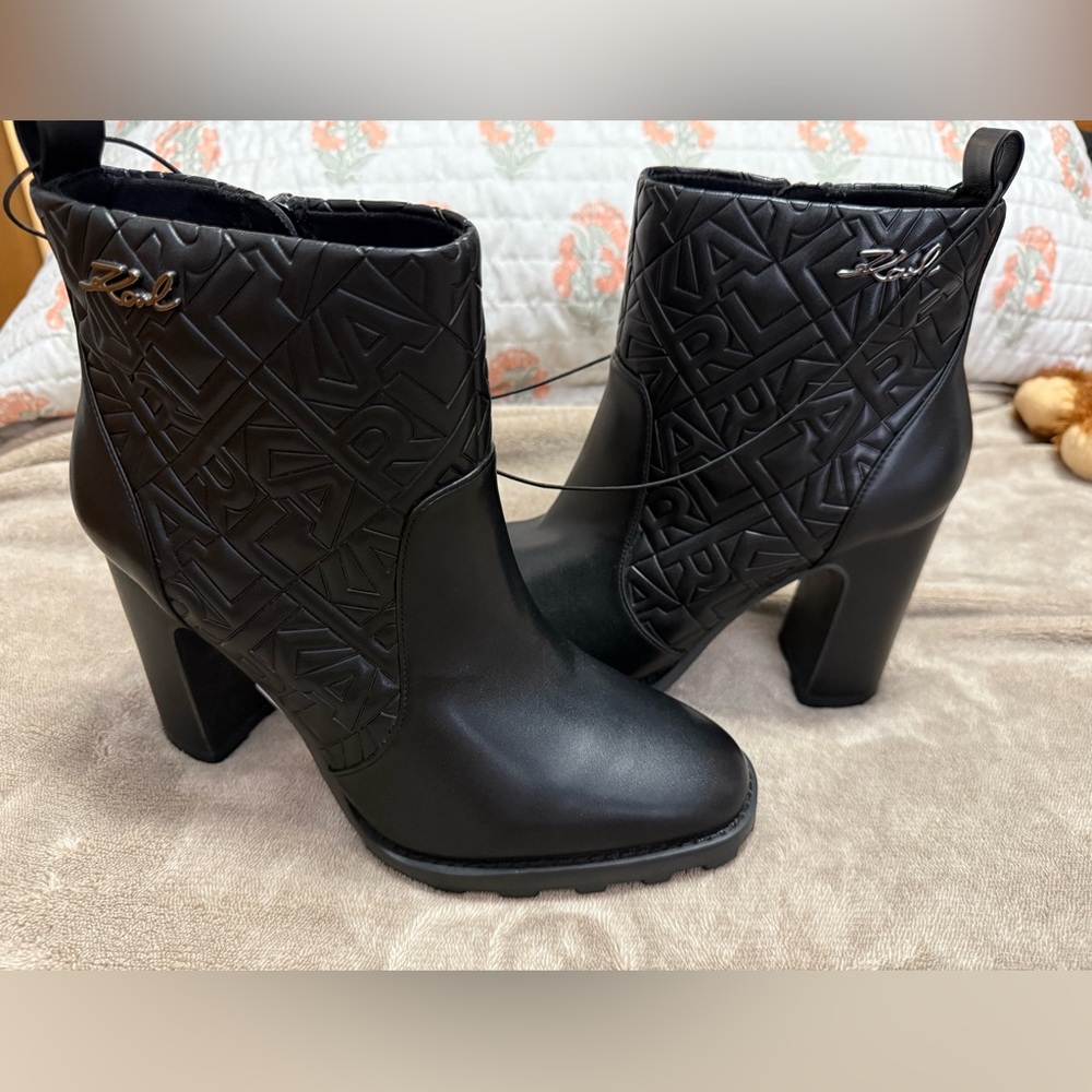 Karl Lagerfeld Black Quilted Logo Leather Ankle Boots